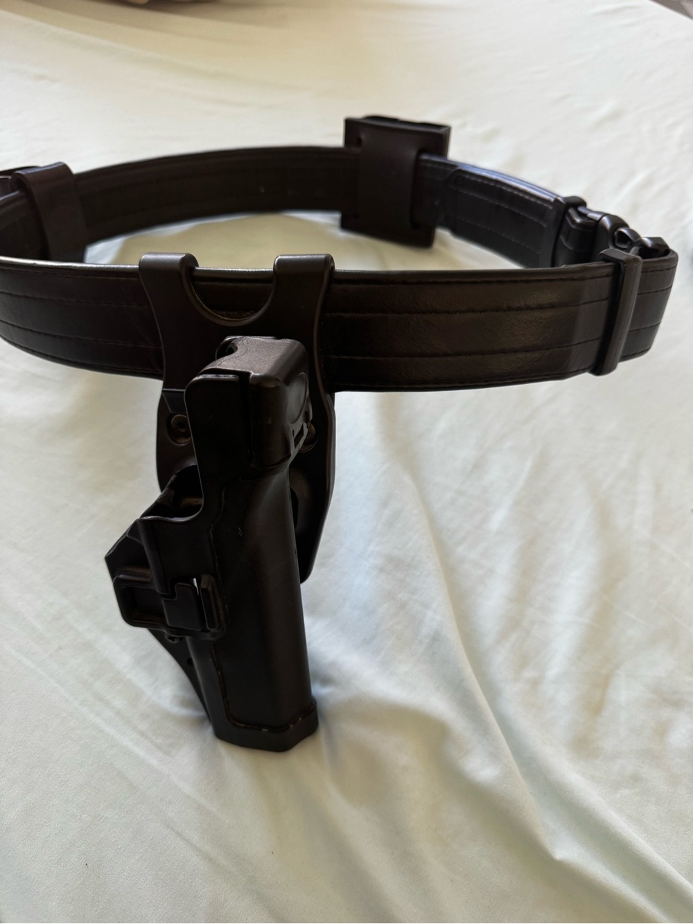 Tactical Black Leather Duty Belt with Holster, magazine/ flash light pouch and k